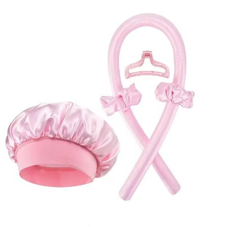 Heat-Free Hair Curler & Satin Cap Set - 2pc Overnight Wave Styling Kit